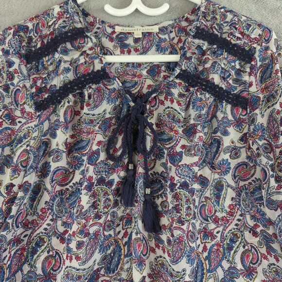 Daniel Rainn Blouse Womens Large Paisley Boho Top Blue Red Long Sleeve Polyester - Picture 2 of 11